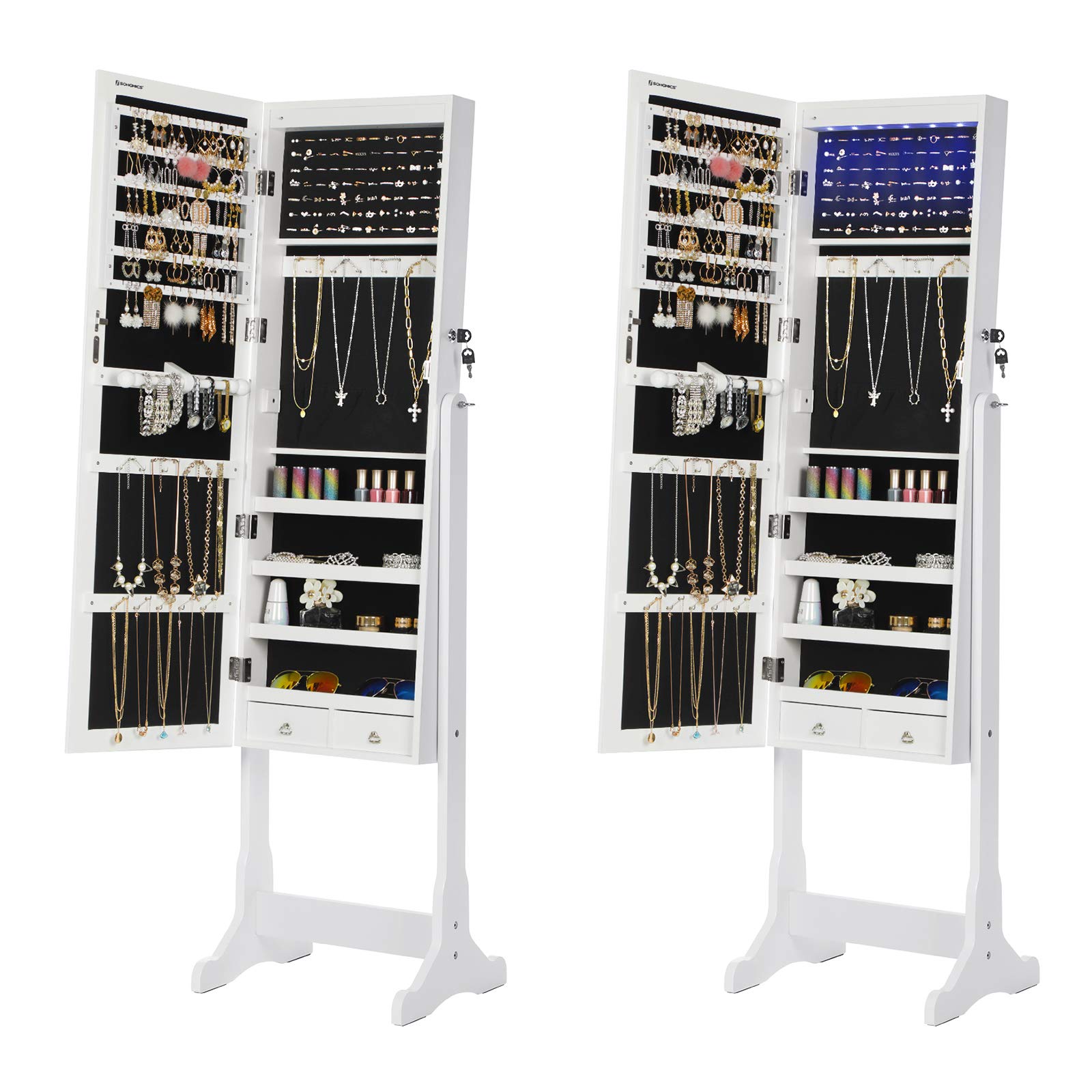 SONGMICS Armadio Portagioie con Luce a LED, Specchiera, Armadietto per Gioielli Bloccabile con Chiavi, 2 Cassetti, Bianco JBC94W