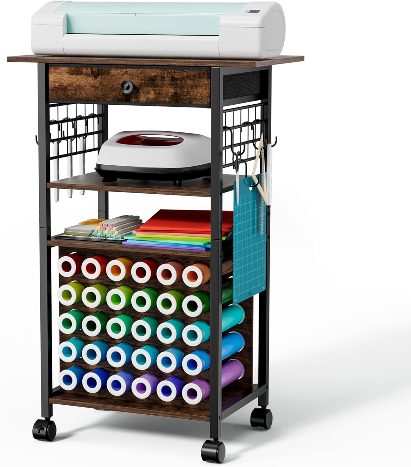 Craft Cart and Organizer Table Compatible with Cricut - Rolling Storage Cart/Shelf with 30 Vinyl Roll Holders, 1 Fabric Drawer, Accessories Holder, Tool Hook for Craft Room Home,Office