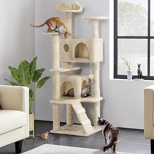 Vista 120 de Yaheetech Árbol para gatos de varios niveles de 70 pulgadas, torre alta para gatos con condominio, postes rascadores y bola colgante para gatos