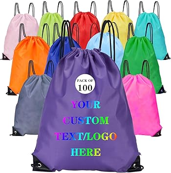 Custom Bags With Your Logo Set of 100 Custom Backpack Draw String Bags Pack Bulk for Travelling Swimming Gym Everyday Use (Purple)
