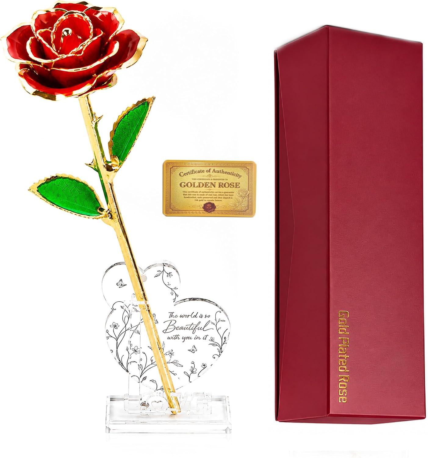 24k Red Gold Plated Rose, Eternal Romantic Gift with Crystal Stand for Her
