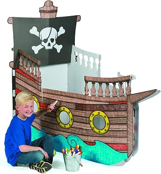 Fun Express 5 Ft. 10 x 4 Ft. 8 1/2 Color Your Own Pirate Ship White Cardboard Playhouse - Great for School, Daycare and Home Crafts for Kids and Pretend Play