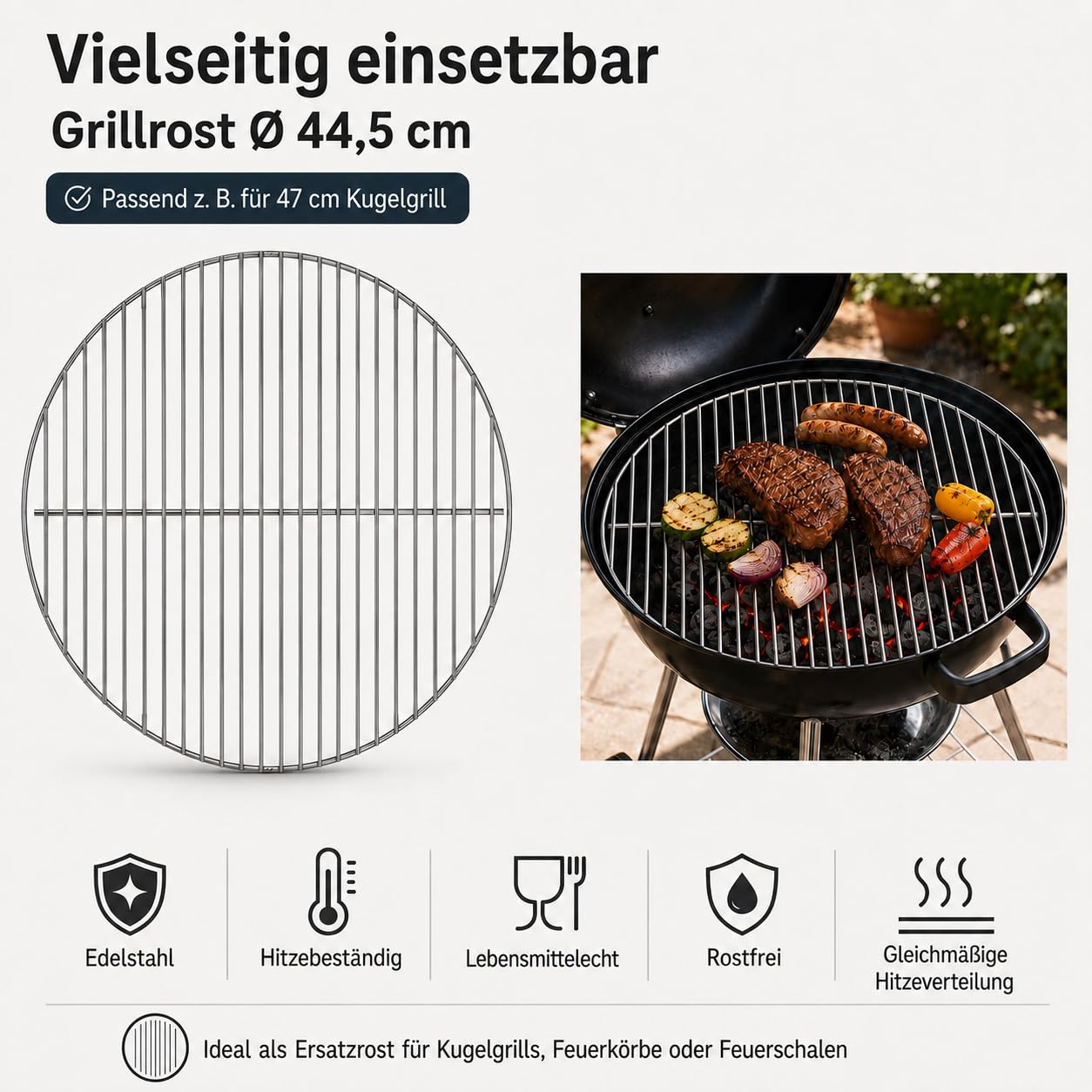 Brandsseller Grille de Barbecue Ø 44,5 cm en Acier Inoxydable – Robuste et résistante à la Corrosion – Compatible avec barbecues sphériques 47 cm Weber et Autres Marques – sans Rabats latéraux