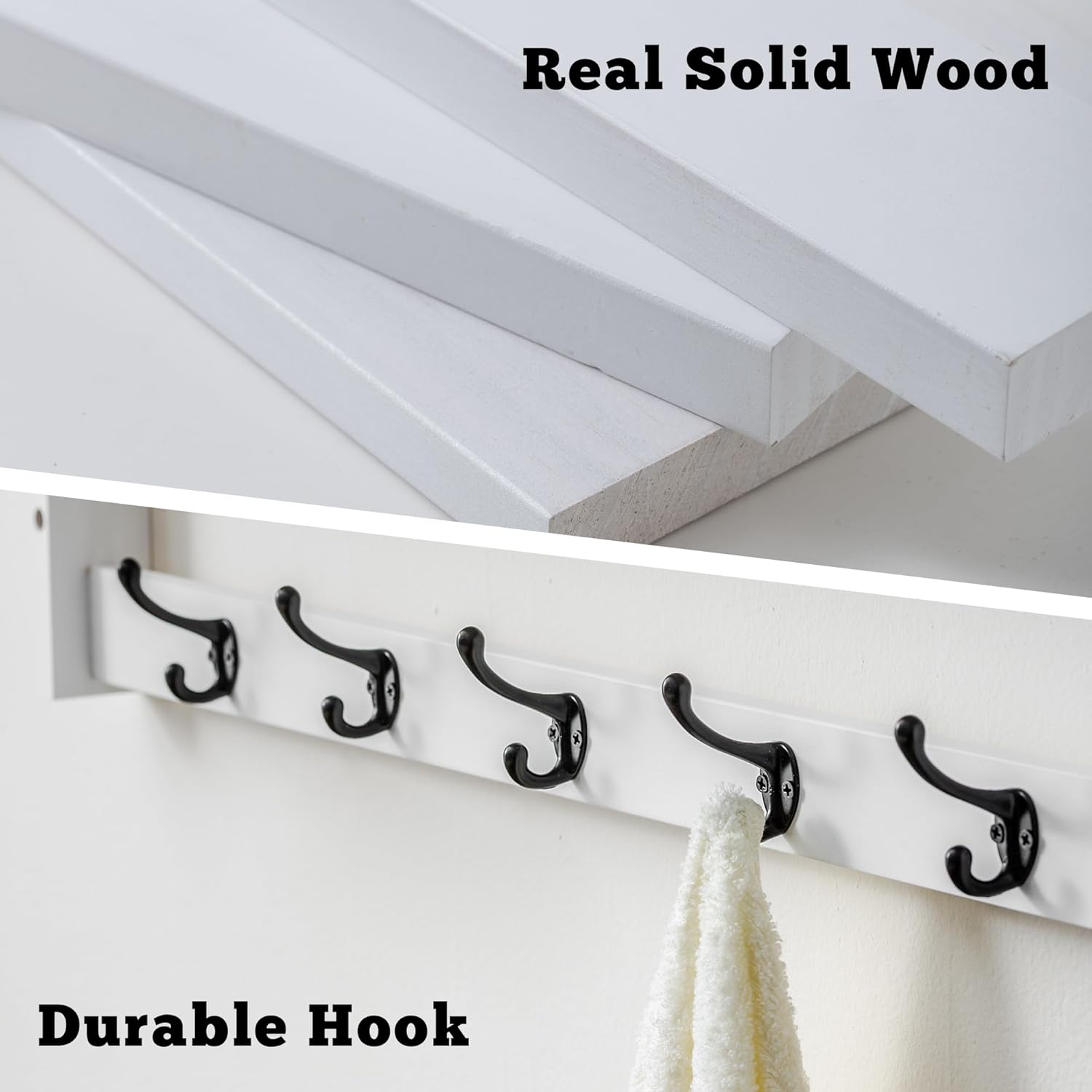 29Inch Wall Mounted Coat Rack with Hooks and Shelf - Large Rustic Wood Coat Hangers for Hats, Keys, Towels, Robes – Functional Entryway Wall Organizer for Bathroom, Kitchen, Mudroom (White)