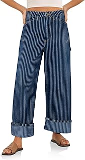 Cicy Bell Womens Striped Wide Leg Jeans Baggy Cuffed Denim Pants | High Waisted，Side Pockets，Boyfriend Style,Straight Leg