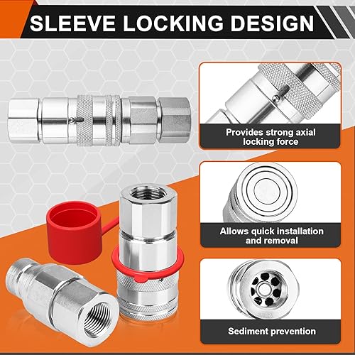 Miniatura 4 de 12 '' NPT Skid Steer acopladores hidráulicos, acopladores rápidos hidráulicos de cara plana con 2PCS cubiertas de polvo, accesorios hidráulicos de