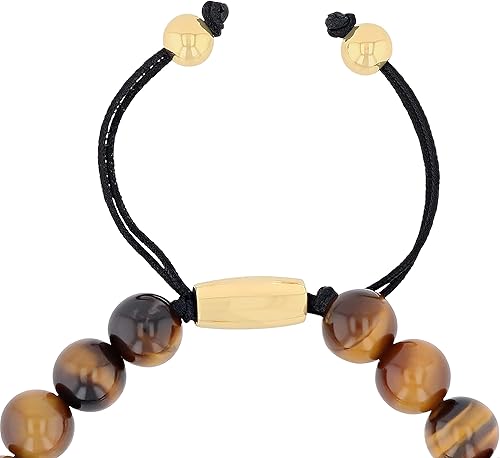 Miniatura 5 de Pulsera Bolo de nailon ajustable con cuentas de ojo de tigre marrón de acero inoxidable de color oro amarillo para hombre, 8-12"-11-12", Piedra
