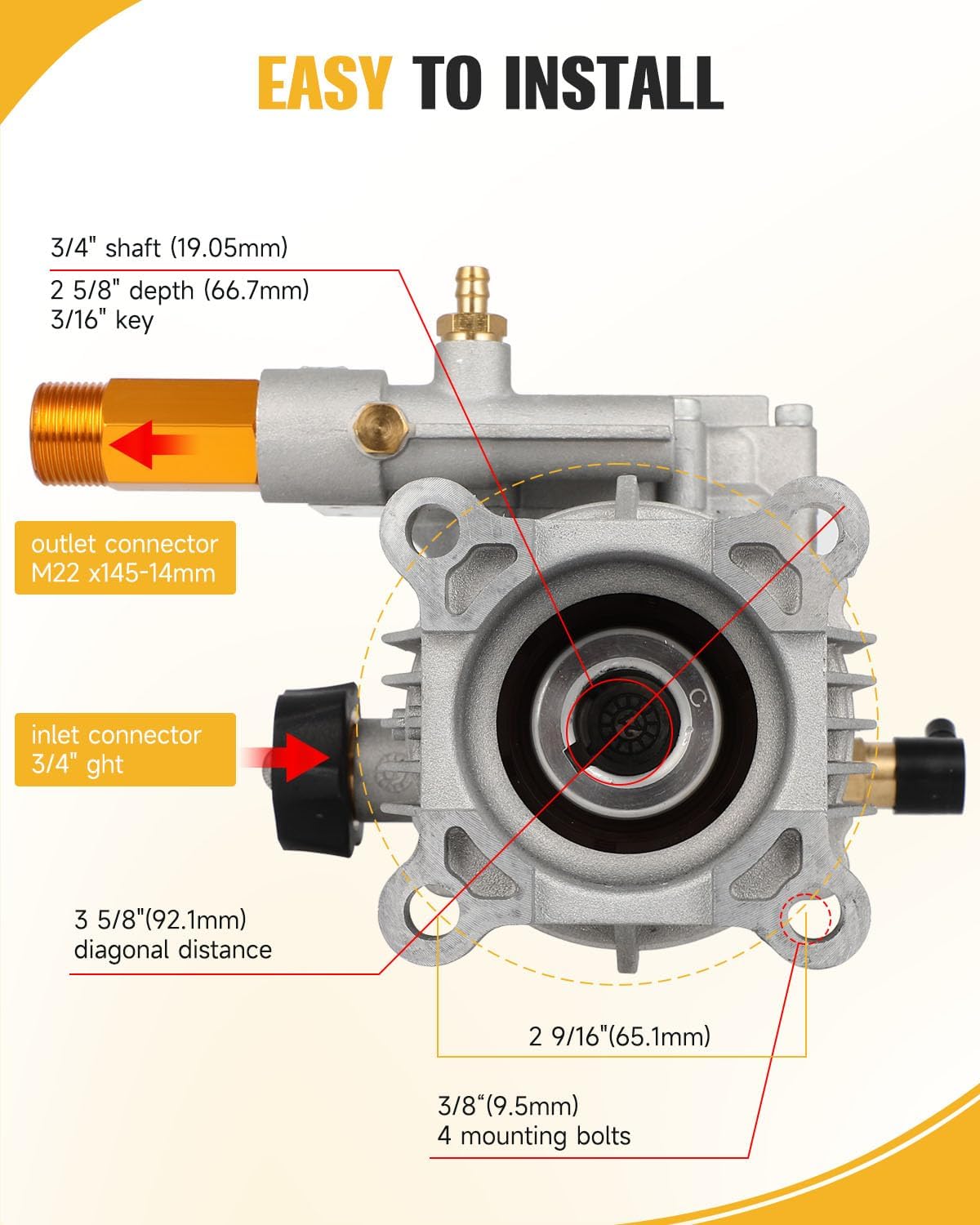 OCPTY 3/4 Shaft Aluminum Horizontal Pressure Washer Pump 3000 PSI 2.5 GPM Replacement Pump with 5 Color Tips, Original Engineering for Most Brand gas engine power washer