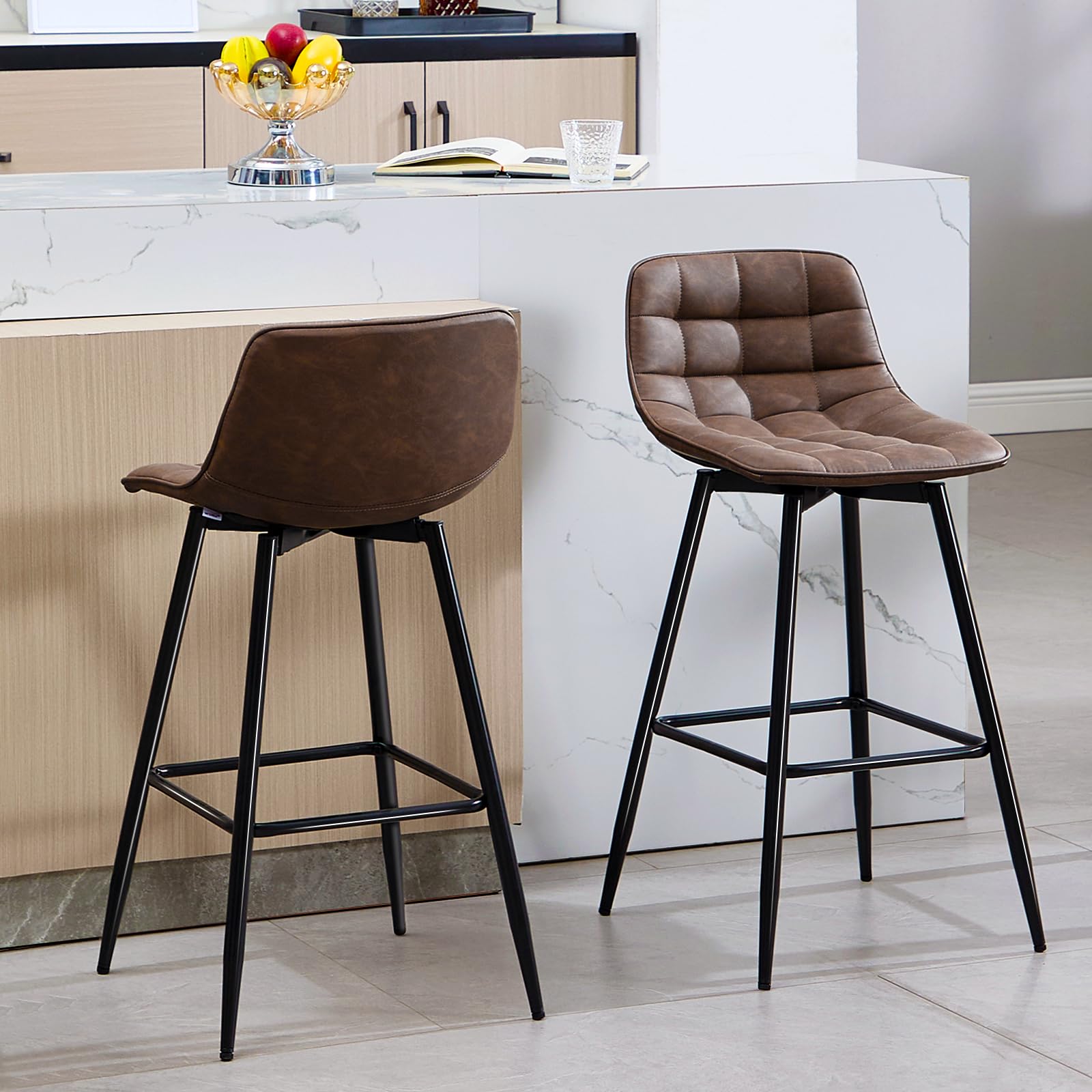 WOLTU 4 X Tabouret de Bar Bistro Chaise de Bar Assise rembourrée en Similicuir avec Pieds et Repose-Pieds en métal,Brun BH249br-4