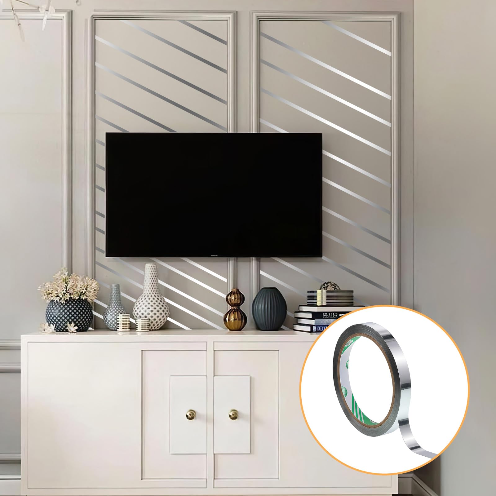 4 Rolls Mirror Tape Self Adhesive, Silver Metallic Tape 1cm Decorative Tapes Metalized Polyester Film Decor Tapes DIY Graphic Art TapeWall Decor TV Frame Crafts Decoration And Gift Box Wrapping