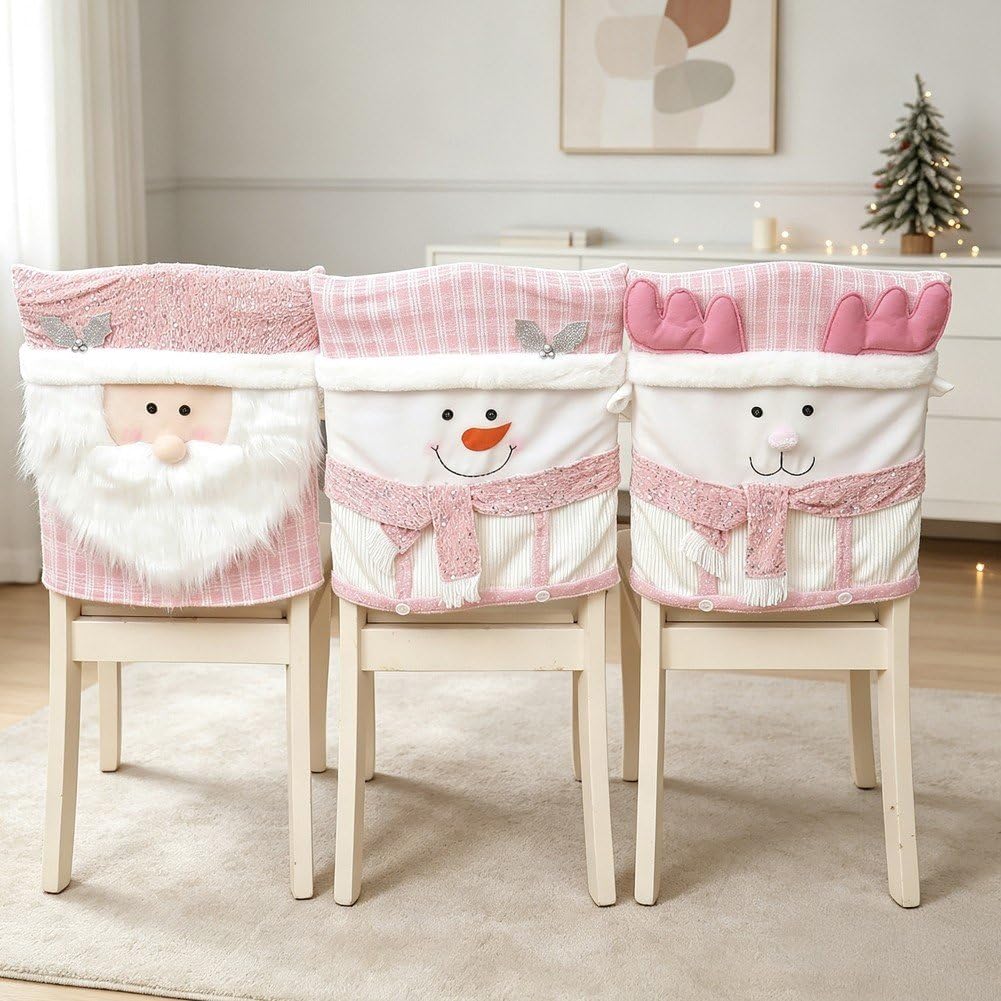 6 Pezzi di Coprisedie Natalizie Rosa con Babbo Natale, Coprischienale/coprisgabello per Sala Pranzo, Banchetti E Decorazioni Natalizie