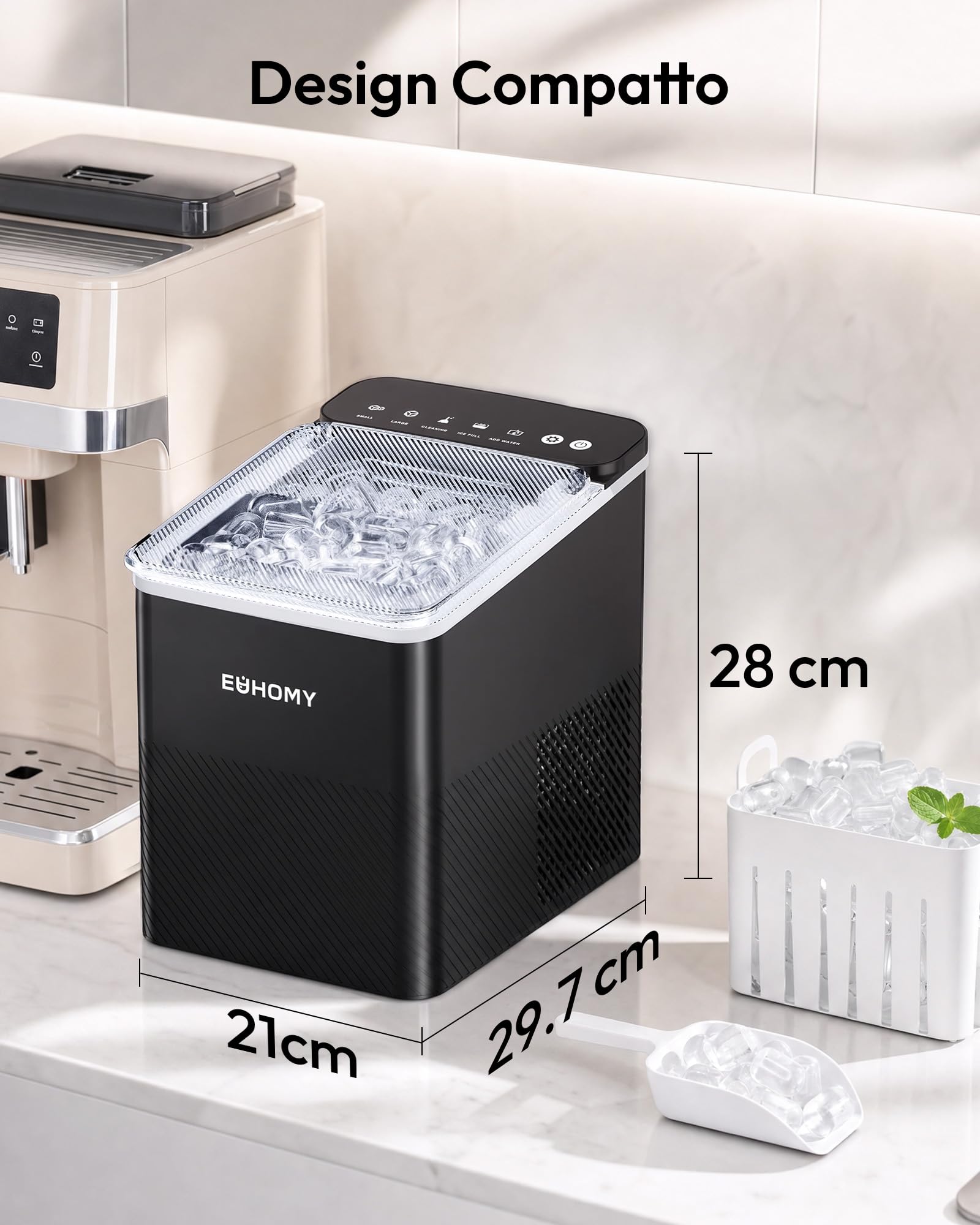 EUHOMY Macchina per il Ghiaccio Casa: 12KG/24H, 9 Cubetti di Ghiaccio in 2 Dimensioni, Macchina del Ghiaccio Autopulente con Paletta/Cestello, per Cucina/Ufficio, Nero