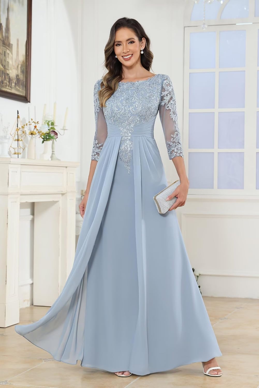 Elegant Mother of Bride Dresses for Women Long Chiffon 3/4 Sleeve Lace Applique Mother of The Groom Dress - Image 5