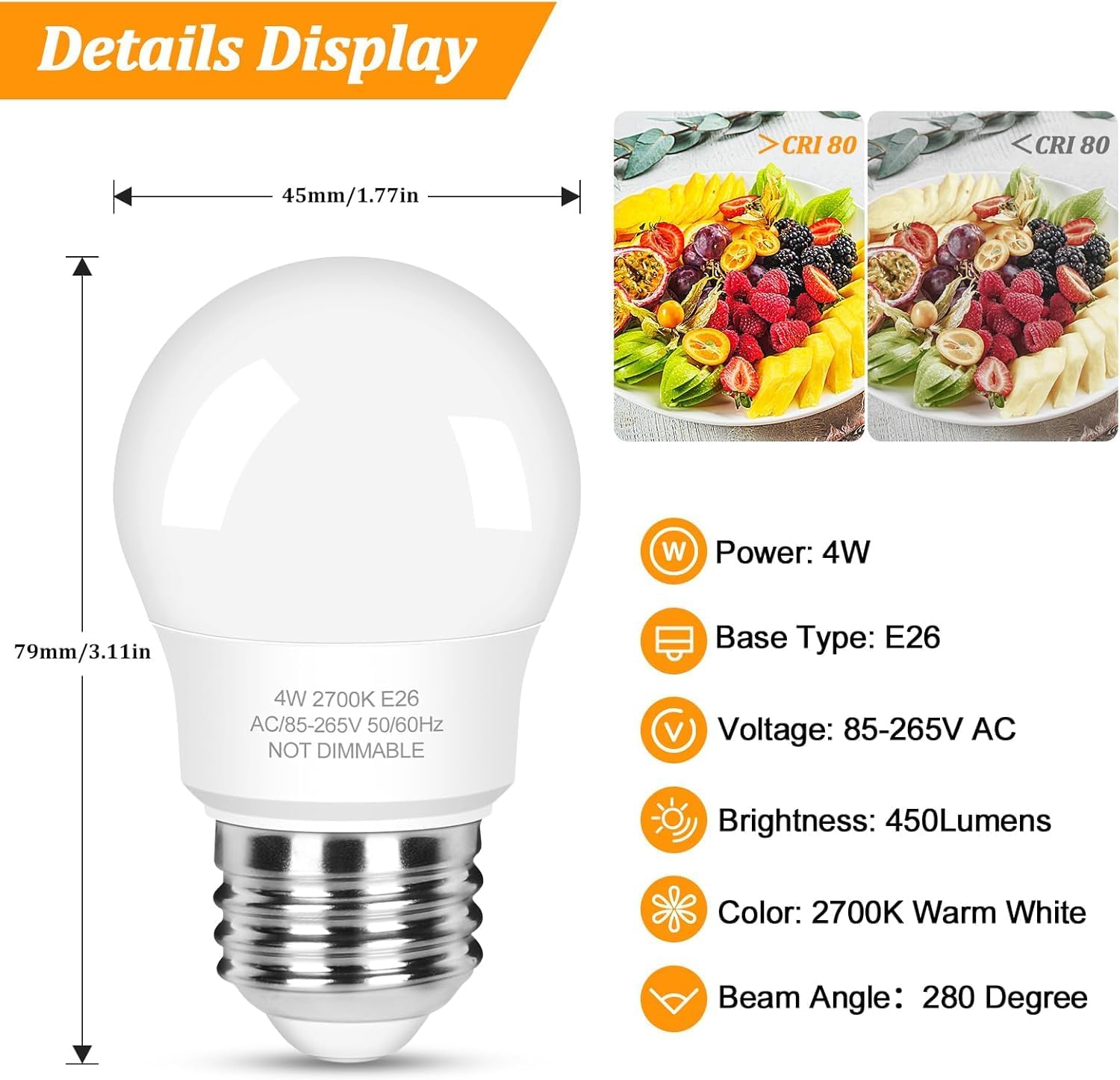Brightever LED Refrigerator Light Bulbs 40 Watt Equivalent, 120V Fridge Appliance Light Bulbs 4W 2700K Warm White, Waterproof A15 Fridge Light Bulb 450LM, E26 Freezer Light Bulb Non-dimmable, 2 Packs