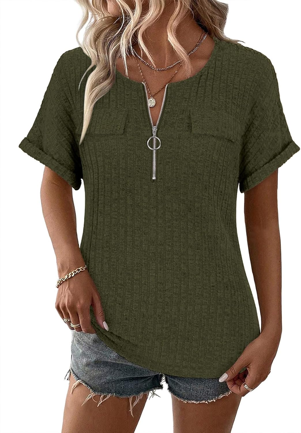 Viracy Womens Top Dressy Casual Short Sleeve Blouses V Neck Shirts 2025 Trendy Summer Fashion Loose Fit Zip-up Work Tops - Image 4