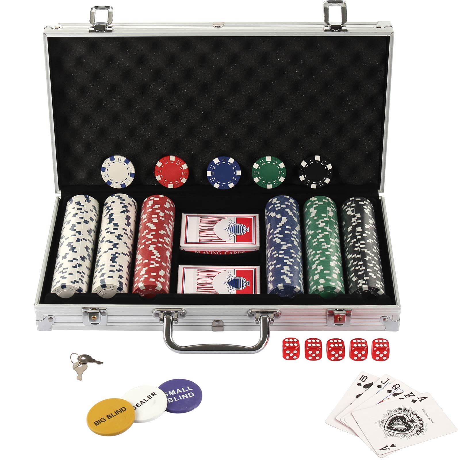 display4top Set de Poker 300 jetons Laser Haute qualité 12 g Noyau en métal, avec étui en aluminium, 2 Jeux de Cartes, revendeur, Petit Store, Gros Boutons aveugles et 5 dés