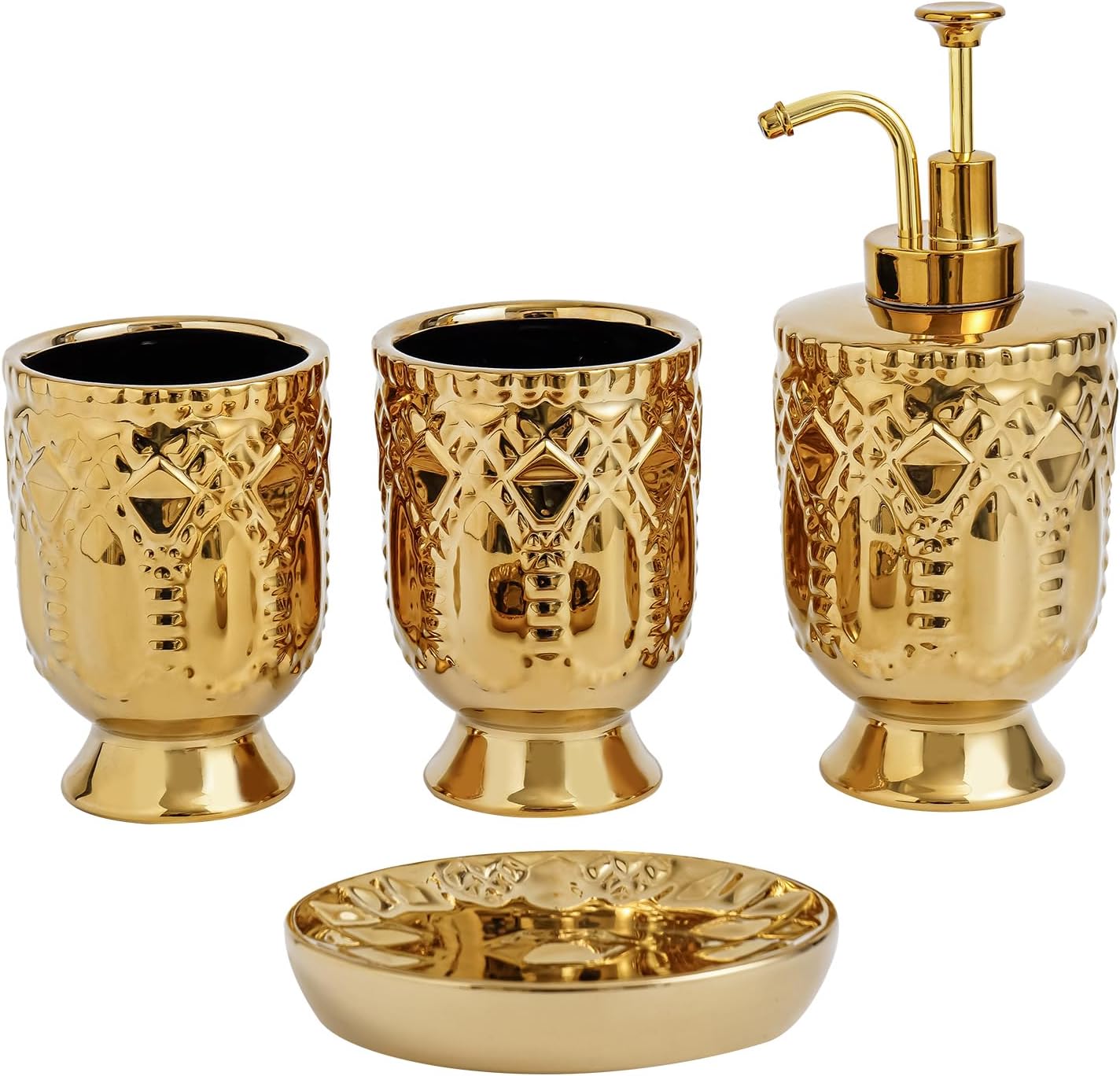 4-Piece Bathroom Accessory Set, Ceramic Bathroom Soap Dispenser Sets, Complete Gold Bath Decor Include Soap Dispenser, Toothbrush Holder, Tumblers,Soap Dish