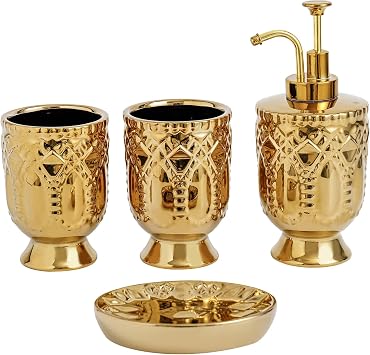 4-Piece Bathroom Accessory Set, Ceramic Bathroom Soap Dispenser Sets, Complete Gold Bath Decor Include Soap Dispenser, Toothbrush Holder, Tumblers,Soap Dish