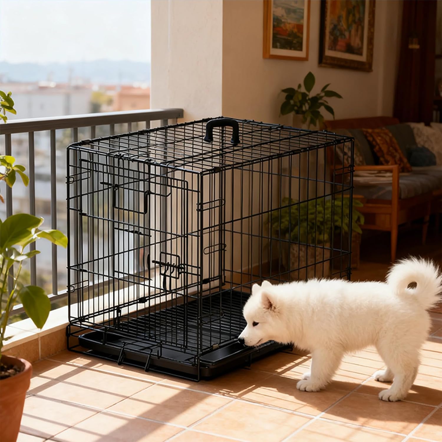 30-inch Folding Dog Crate Double Door, Wire Cage with Double Lock, Metal Pet Kennel for Cat Medium Dogs, Single Handle, Black