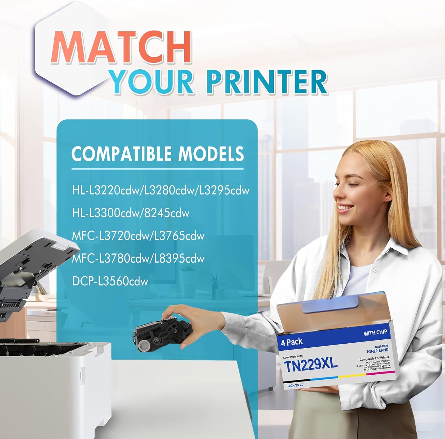 TN229XL TN229 Toner Cartridges 4 Pack MFC-L3780CDW MFC-L3720CDW Compatible for Brother HL-L3280CDW HL-L3220CDW HL-L3300CDW HL-L3295CDW Printer TN 229XL TN-229XL TN229/XL/V BK/C/M/Y High Yield