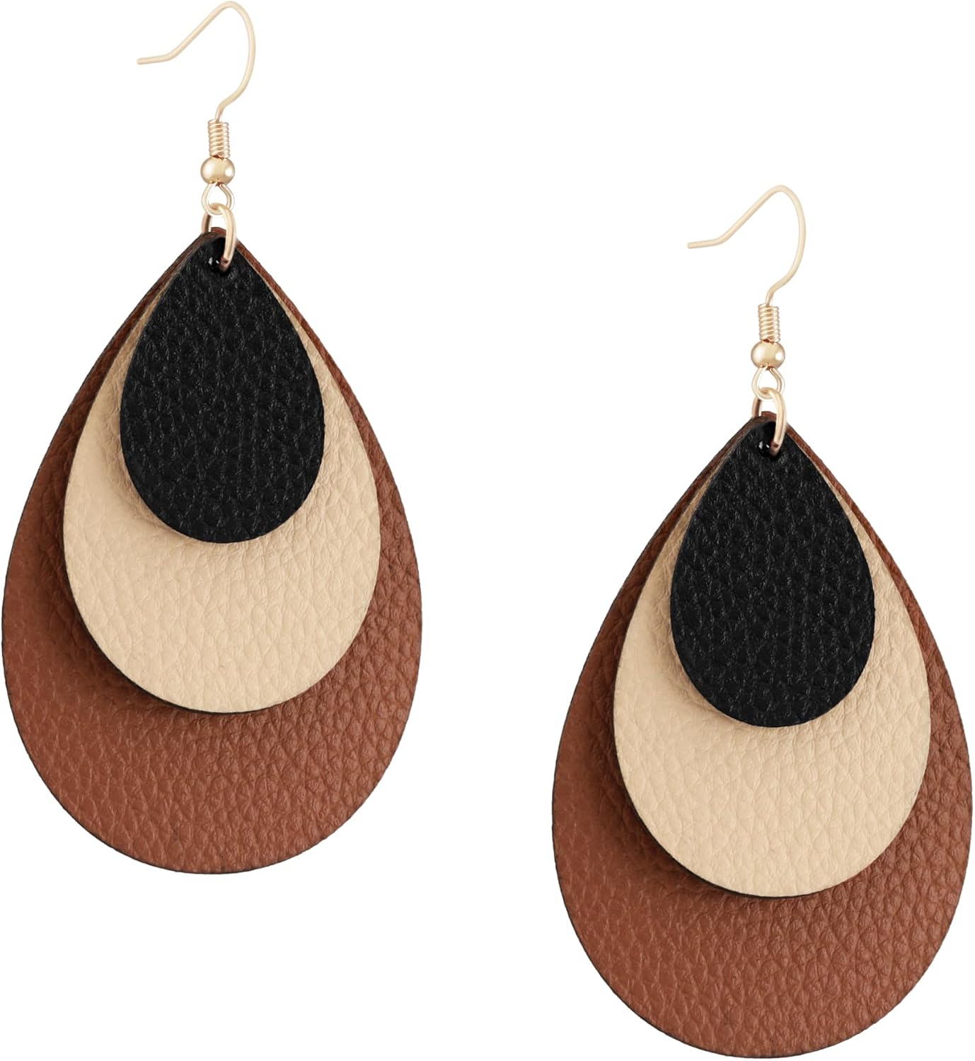 MINACHI Boho Chic Faux Leather Triple Layer Teardrop Waterdrop Dangle Drop Earrings, Vintage Bohemian Hippie Statement Jewelry Gift for Women