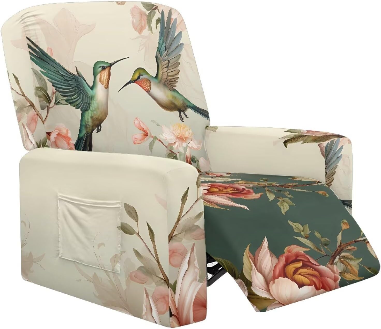 FOR U DESIGNS Hummingbird Roses Easy Install Stretch Recliner Slipcover for Reclining Chairs Protective Living Room Covers with Elastic Loops Universal Stain Resistant for Long-Lasting Use