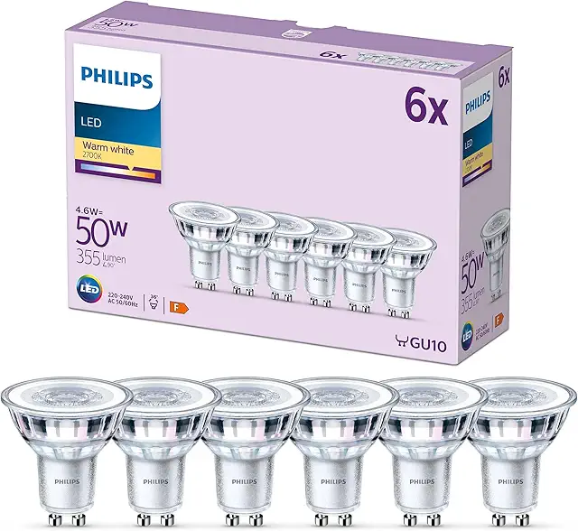 Bombilla LED GU10 4.6W Philips - Luz Blanca Cálida 2700K - Pack de 6