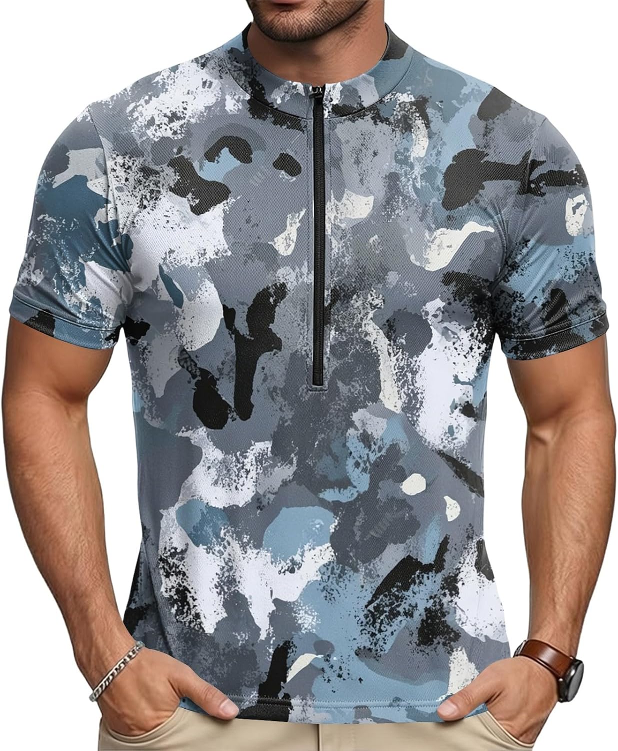 Mens Cycling Jersey Short Sleeve Half Zip Crew Neck Breathable Quick Dry