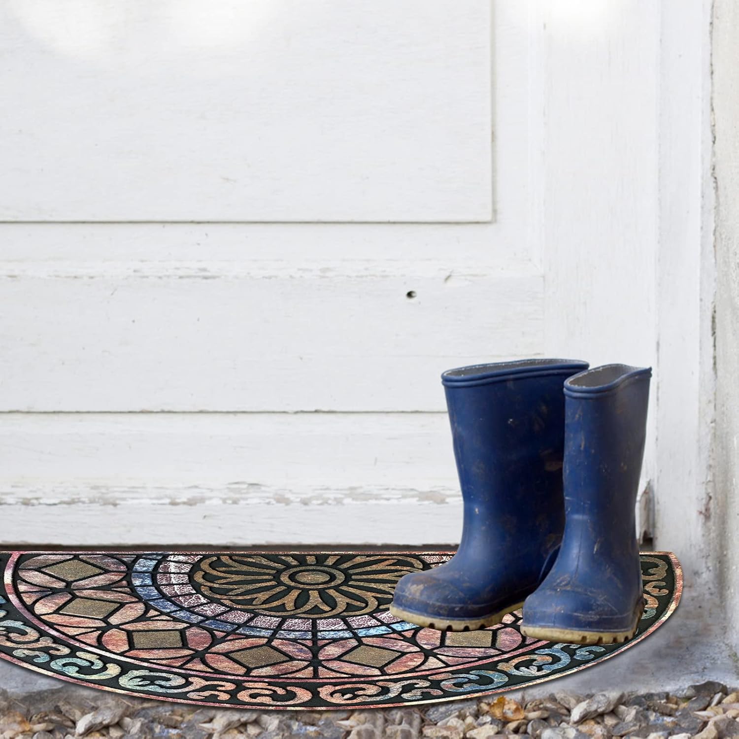 ANDSTAR 18" x 30" Half Round Door Mat Non-Slip Entryway Doormat Durable Rubber Door Mats Low-Profile Heavy Duty Doormat Easy Clean Rugs Indoor Outdoor Entry Decoration for Home, Garage, Patio（1 Pc）