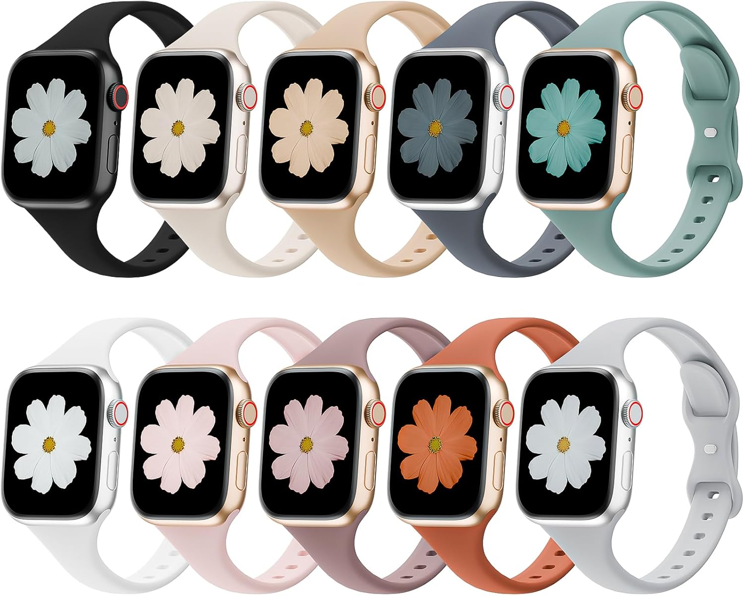 10 Pack Slim Bands Compatible with Apple Watch Bands 38mm 40mm 41mm 42mm 44mm 45mm 46mm 49mm, Soft Thin Silicone Sport Narrow Strap for iWatch Series 11/10/9/8/SE/7/6/5/4/3/2/1/Ultra Women Men Black/Starlight/Milk Tea/Blue Gray/Cactus/White/Sand Pink/Smoke Violet/Brown/Gray 38/40/41/42mm