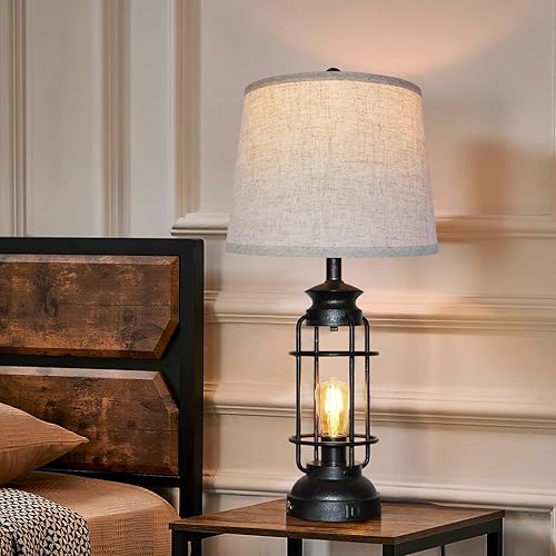 Miniatura 6 de Juego de 2 lámparas de mesa con puerto USB de 3 vías regulables táctiles de 28.5 pulgadas de alto, lámparas industriales rústicas para sala de