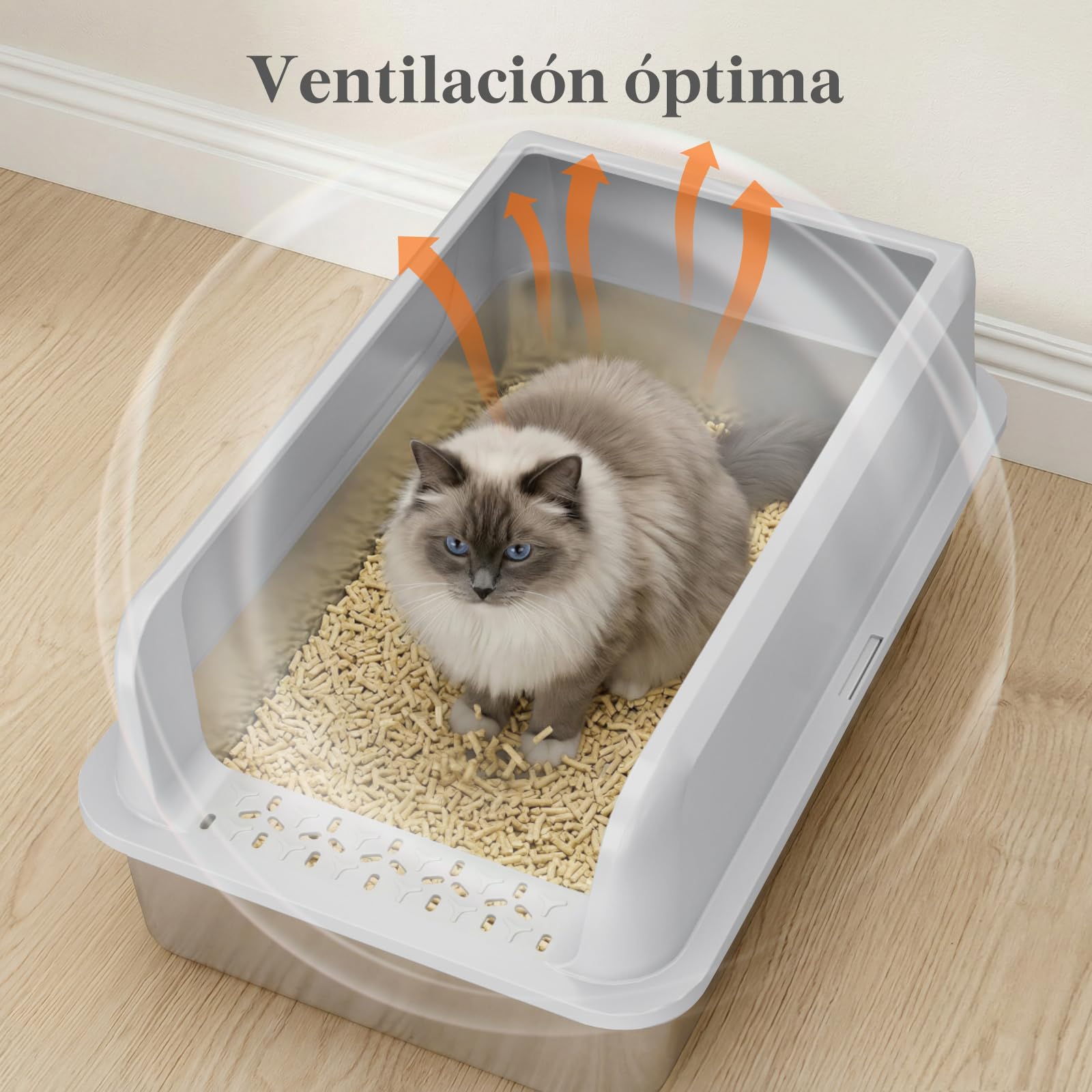 Lifewit Arenero Gato Acero Inoxidable con Pala, Caja de Arena para Gatos Grande, Arenero Gatos para Salón, Dormitorio, 58 x 38 x 26 cm, Gris