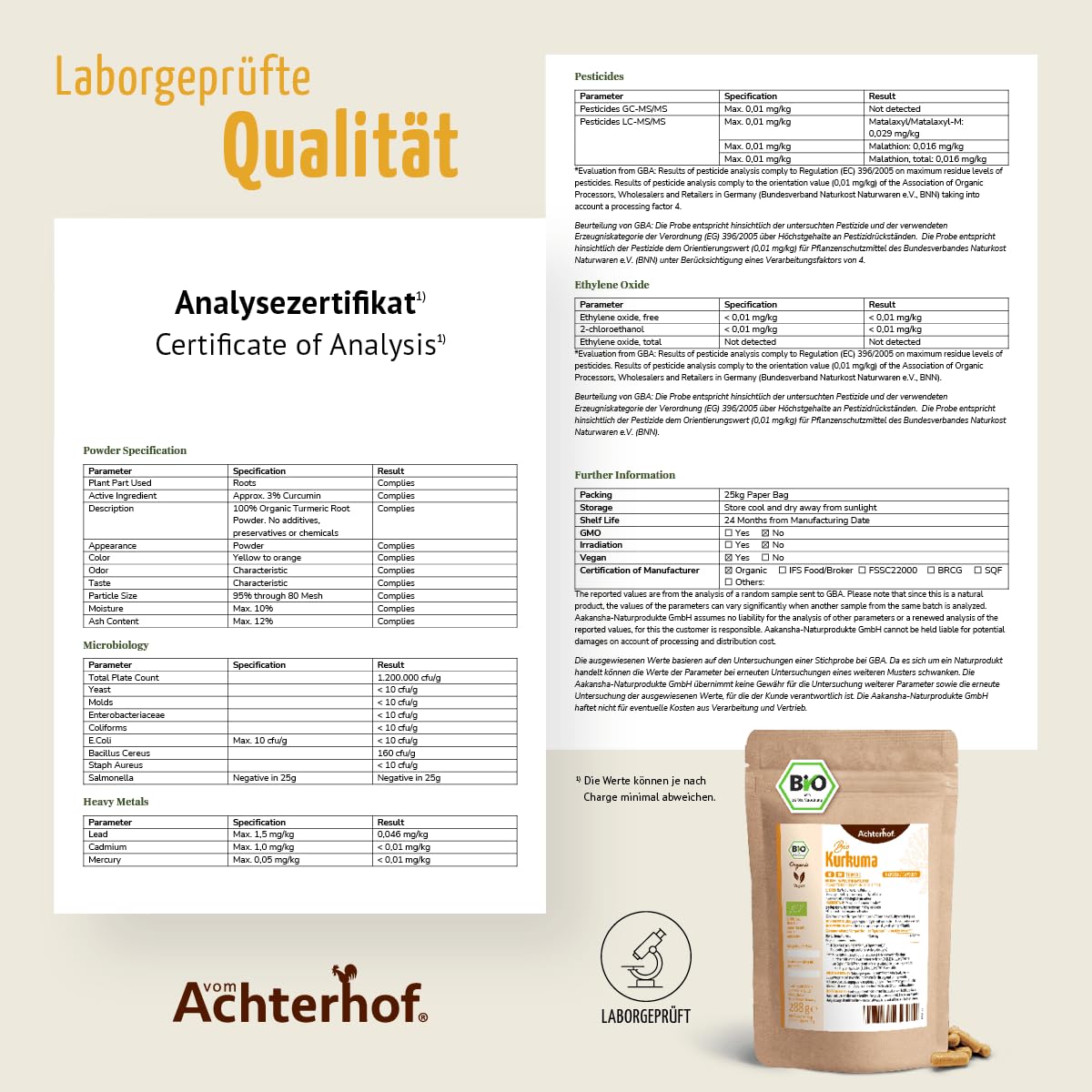 Capsule di curcuma biologiche in confezione di ricarica | 400 pezzi | 4800 mg di curcuma per dose giornaliera | radice di curcuma appena macinata di qualità biologica | vom Achterhof