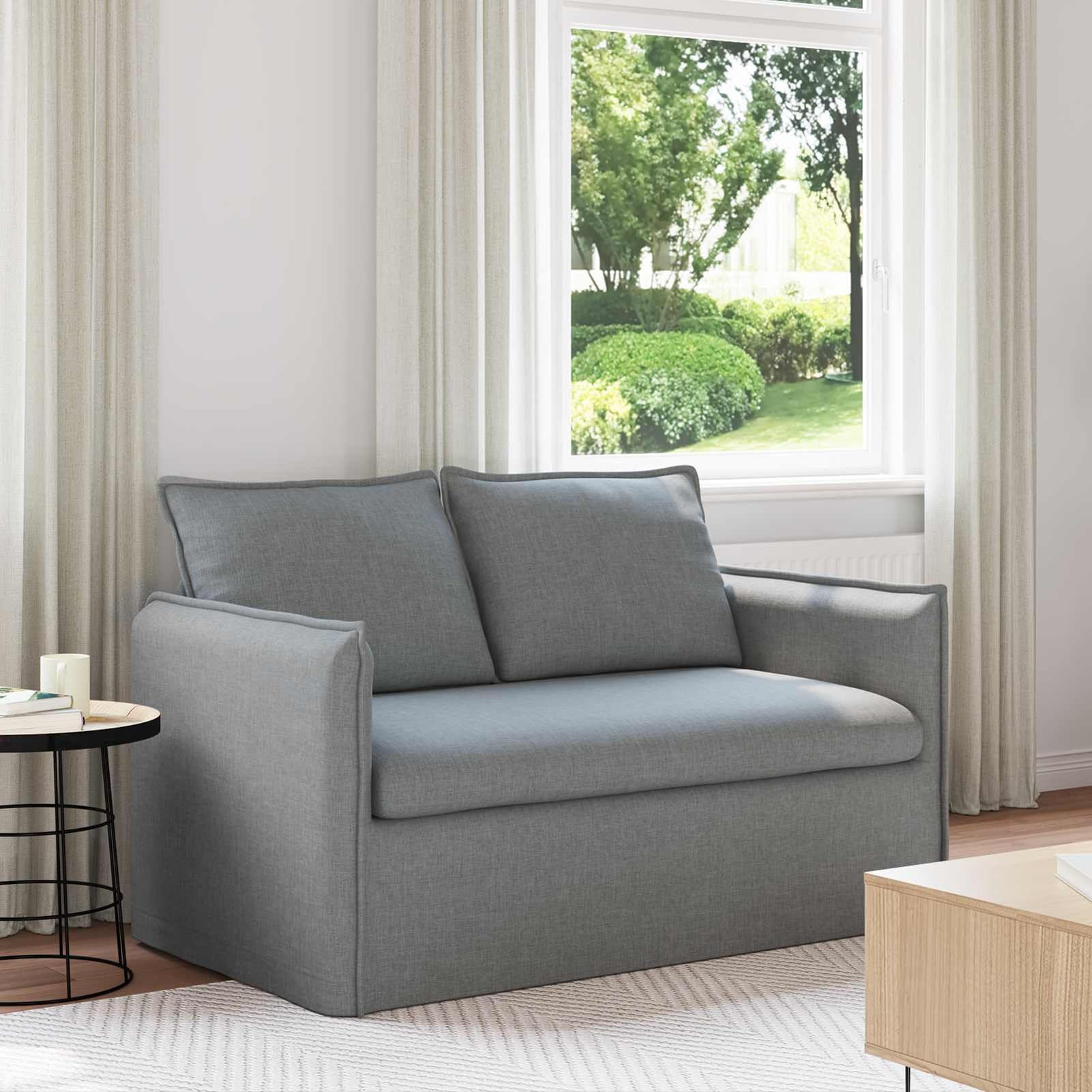 Divano rettangolare moderno, design modulare componibile, struttura metallo e legno, tessuto grigio traspirante, imbottitura schiuma fibra, dimensioni 136x82x85 cm, per soggiorno e camera da letto