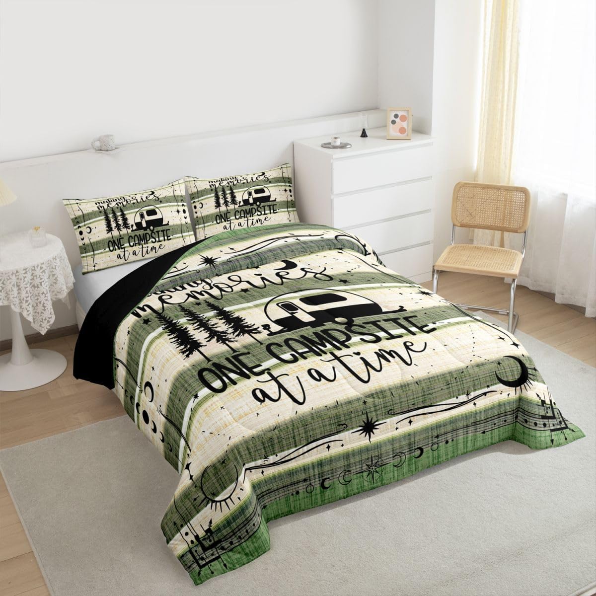 Erosebridal Happy Camping Decor Bedding Set, Rustic Camper Comforter Set King Size for Kids Teen Girls Boys Room Decor, Camper Accessories for Travel Trailers Duvet Insert with 2 Pillow Cases