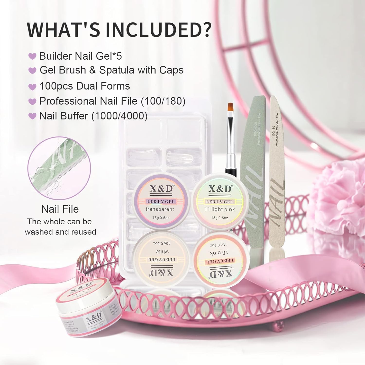X&D Poly Gel Nail Kit Polygel Quick Dry Natural Clear Polygel 5 Colors Nail Extension Balance Builder Gel with Dual Forms, Gel Brush with Spatula, Professional Nail File and Buffer Set
