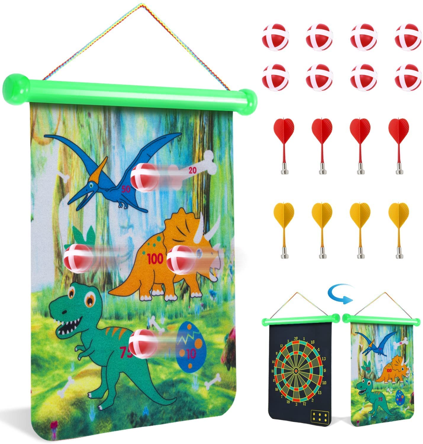 Theefun Magnetic Dart Board, Double-Sided Safe Dart Board Set with 8 Magnetic Darts and 8 Sticky Balls, Indoor Outdoor Magnet Dart Board Game for Kids and Adults, Best Toy Gift for Boys