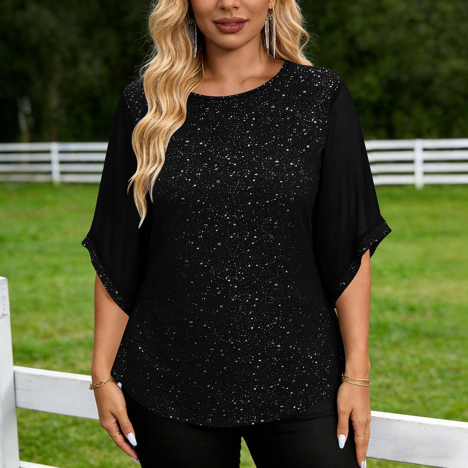 Womens Sparkly Tops Elegant Loose Fit Short Sleeve Crew Neck T Shirts Flowy Plus Size Business Work Blouse
