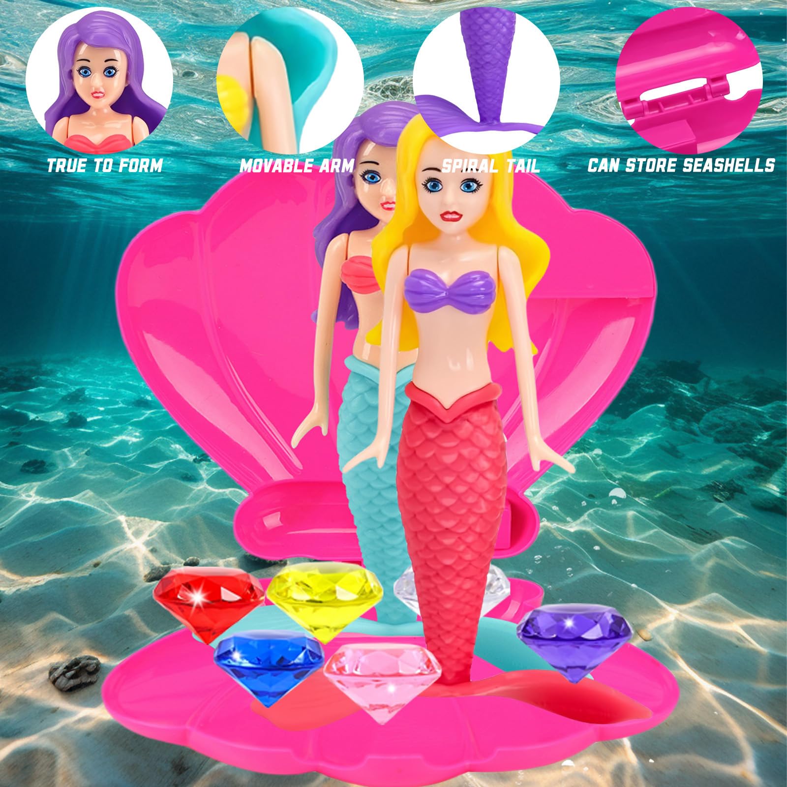 Little Mermaid Pool Toy Shell,Pool Diving Toy,Hot Pink Mermaid Diving Toys for Swimming Pool Accessories Kids Pool Games Toys,Girls Mermaids Interactive Swim Training Set Water Toy for Kids Aged 5+ - Image 4