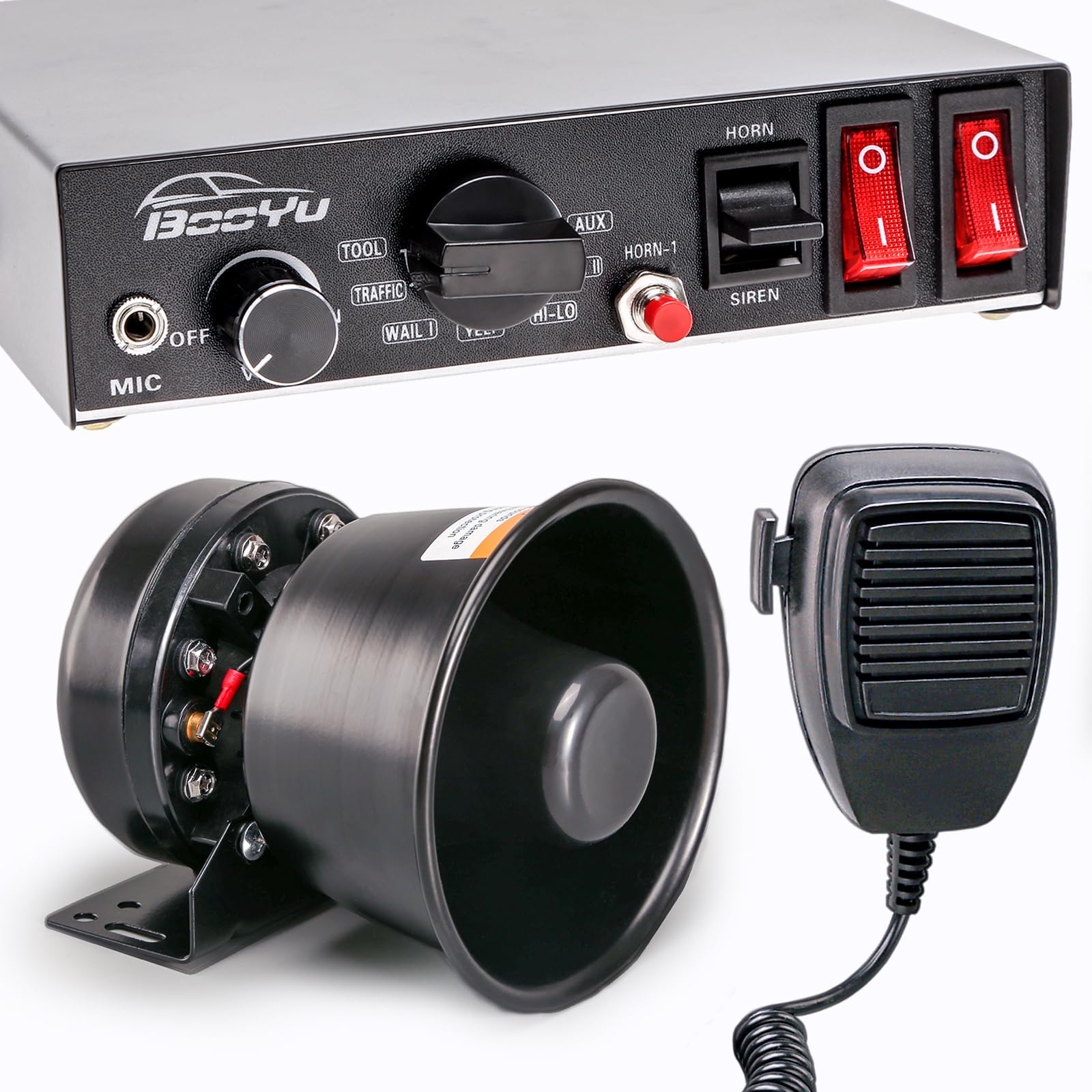 Sirène de police d'urgence 9 tons 12 V 200 W [haut-parleur rectangulaire] [microphone à main] [mains libres] [125–135 dB] [2 interrupteurs 10 A] pour pompiers, ambulances, camions, SUV, VTT, UTV