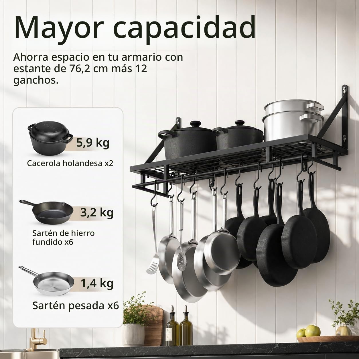 KES Estante de Cocina para Colgar Soporte para Ollas y Sartenes con 12 Ganchos Almacenaje Organizador Negro 75CM, KUR215S75-BK
