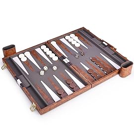 AMEROUS Backgammon Set, 18 Inches Classic Board Game withLeather Case, Folding Board, Gift Package, Portable Travel Strategy Backgammon Game Set for Adults, Kids (Large, Brown)