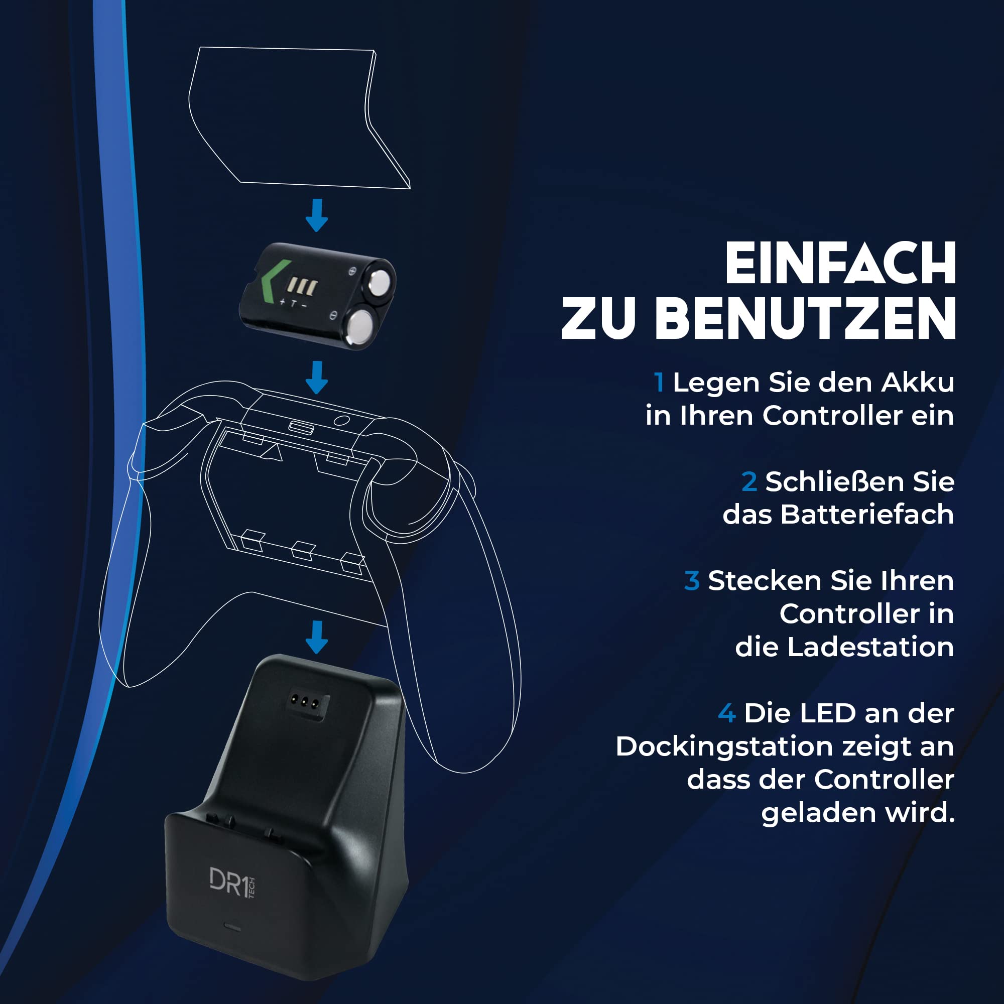 DR1TECH PowerSetX Ladestation und Akku Für Controller XBOX One X/S, Series X/S - Zubehör Für XBOX Wireless Controller + Smart Battery 1200 mAh (Controller NICHT Enthalten) [Amazon Exclusive]