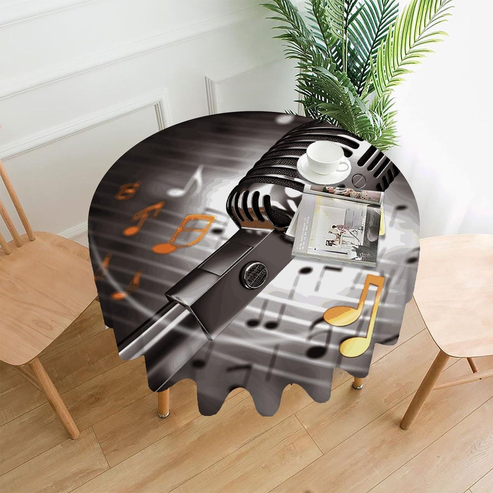 VstaDank Microphone with Music Notes Tablecloth Easy to Clean Polyester Round Table Cover Washable Round Table Cloth Wrinkle-Free Circle Decoration Tablecloth for Kitchen Dining Room 60"