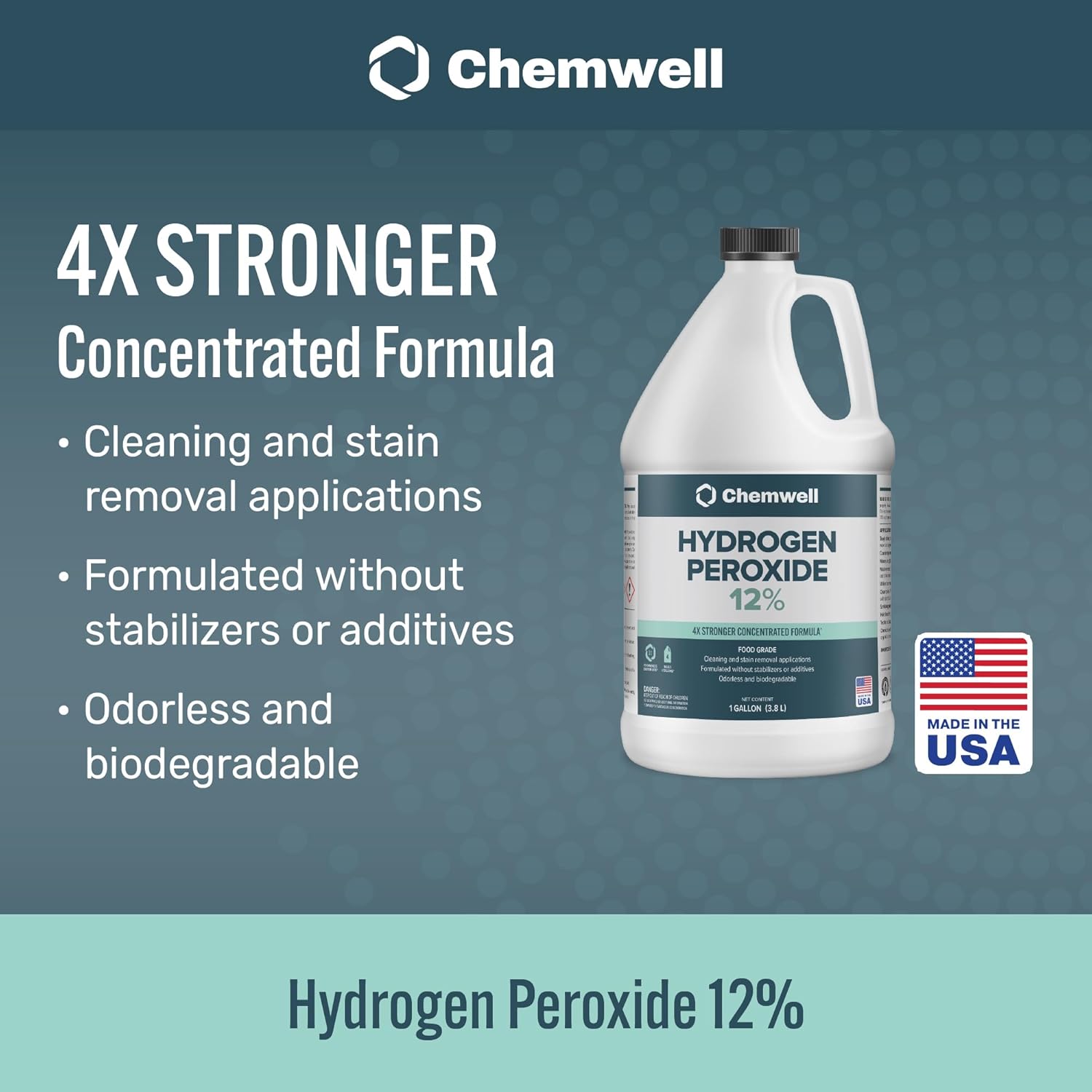 12% Hydrogen Peroxide - 4 Gallons (1 Gallon, 4 Pack) - Multi-Purpose Cleaner for Home, Kitchen, Bath, and Laundry - Made in USA - for Household Use
