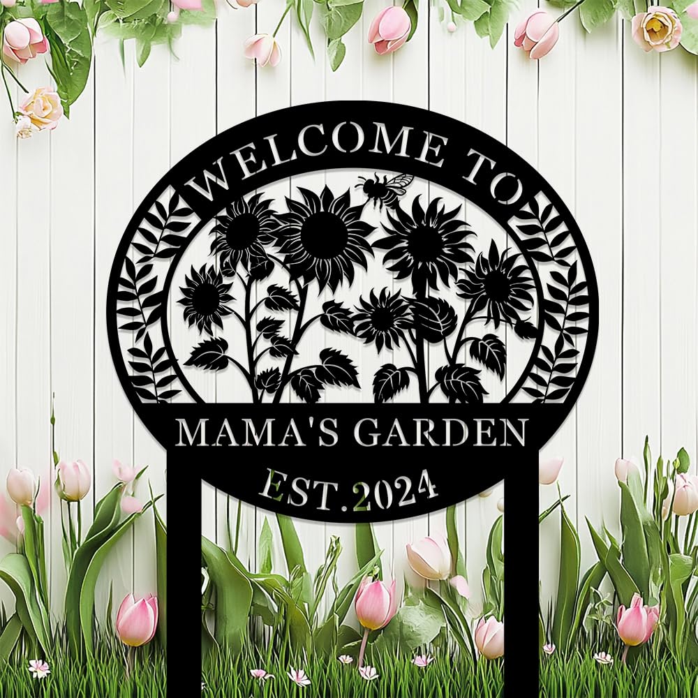 Personalized Sunflower Garden Signs with Stake,Custom Bee Metal Sign for Outside,Customized Flowers Welcome Plaque Housewarming Gifts for Gardener,Gardening Decor for Lawn Porch Yard Patio Outdoor