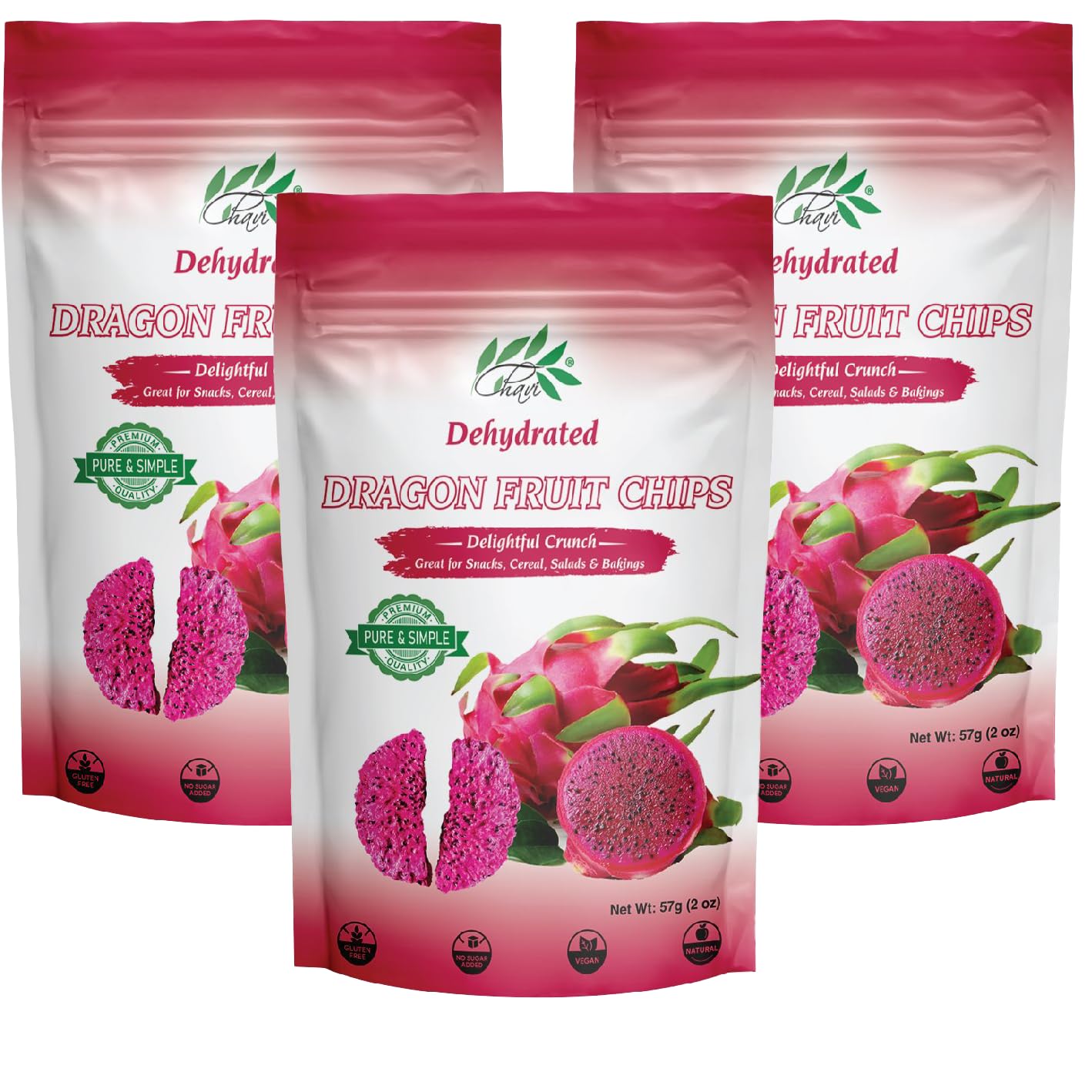 CHAVI Dragon Fruit Chips - Pack of 3 x 2 Oz - Healthy 1 Ingredient Superfood Snack - No Added Sugars or Preservatives - Non-GMO, Vegan, Gluten-Free (Pack of 3)…