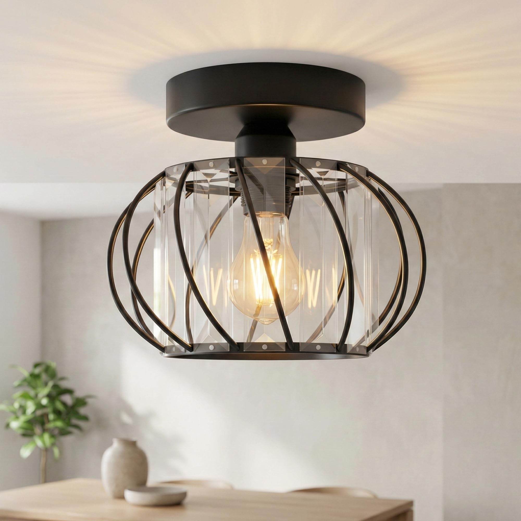 Crystal Ceiling Light 18cm with Bulb Black Metal Compact Semi Flush Fixture