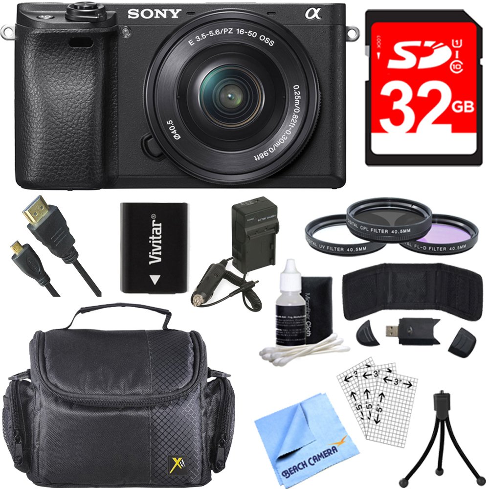 Sony ILCE-6300 a6300 4K Mirrorless Camera with 16-50mm Power Zoom Lens Bundle with 32GB Memory Card, Camera Bag, Battery, Charger, 40.5mm Kit, Table-top Tripod and HDMI Cable