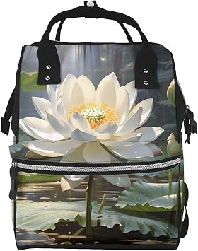 Diaper Bag Backpack White Lotus Flower Large Capacity Nappy Bag Waterproof Mummy Bags Multifunction Travel Nappy Bags for Mom Dad Casual Travel Essentials Daypack